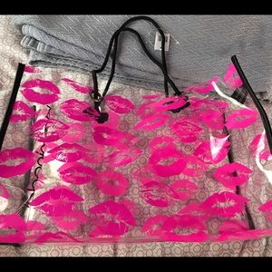 Bloomingdales's clear tote with printed pink lips